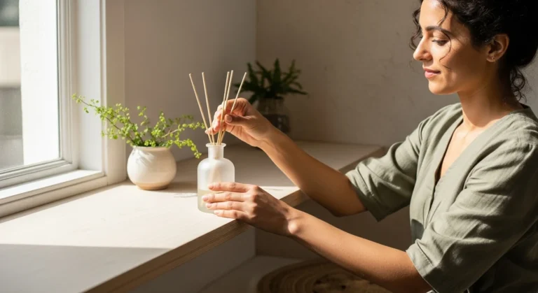 Woman placing rattan reeds into a glass diffuser bottle on table
