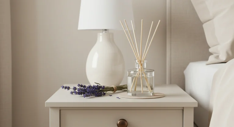 Lavender reed diffuser creating a calming atmosphere in a modern bedroom.